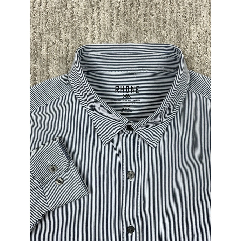 Rhone Commuter Shirt Mens M Slim Fit Fine Italian Fabric White Blue Striped EUC